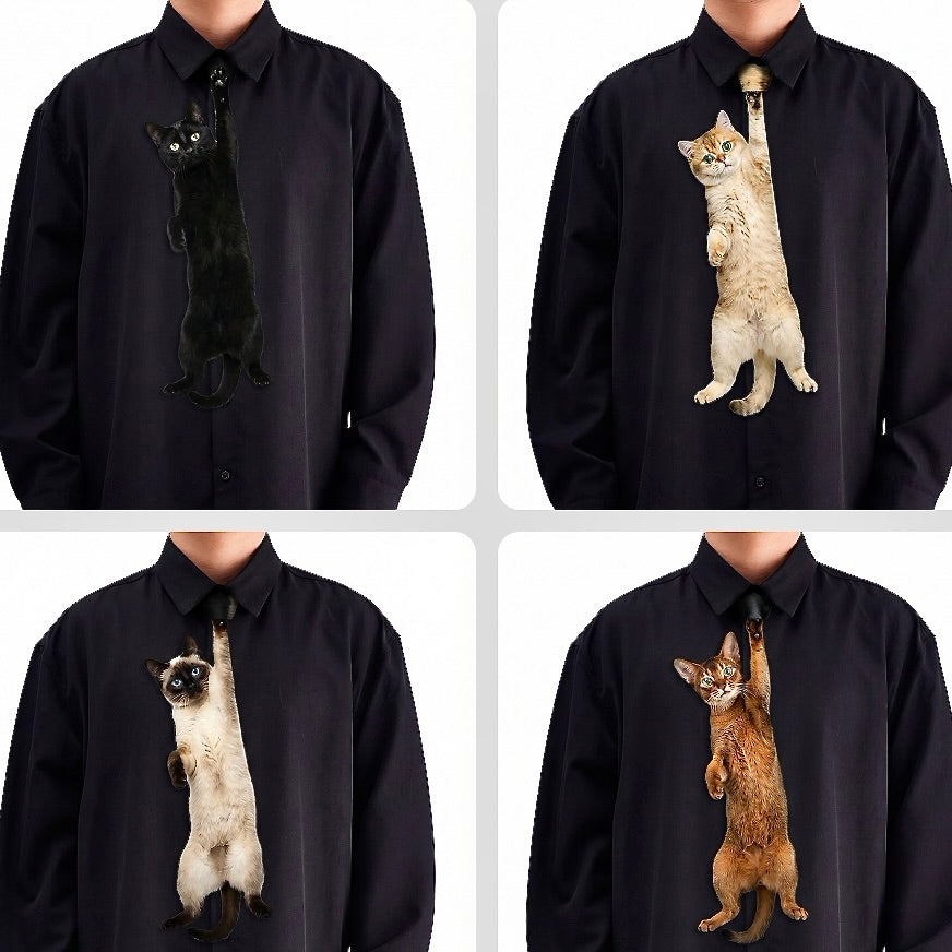 Four black shirts with different cat designs on a white background