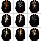 Black shirts with dog illustrations and text on a white background