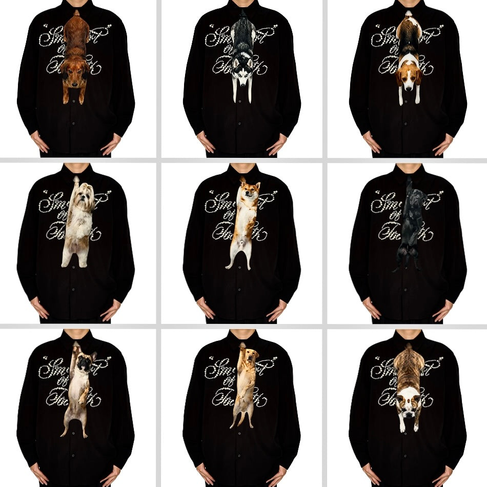 Black shirts with dog illustrations and text on a white background