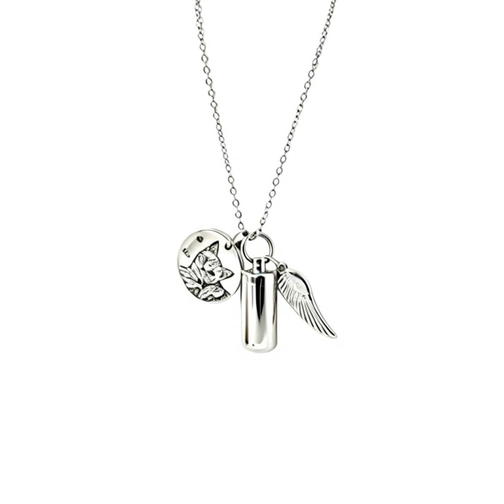 Silver necklace with two pendants on a white background