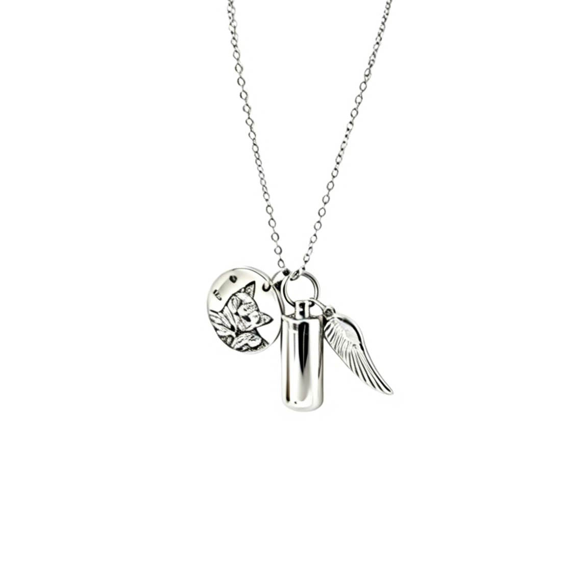 Silver necklace with two pendants on a white background