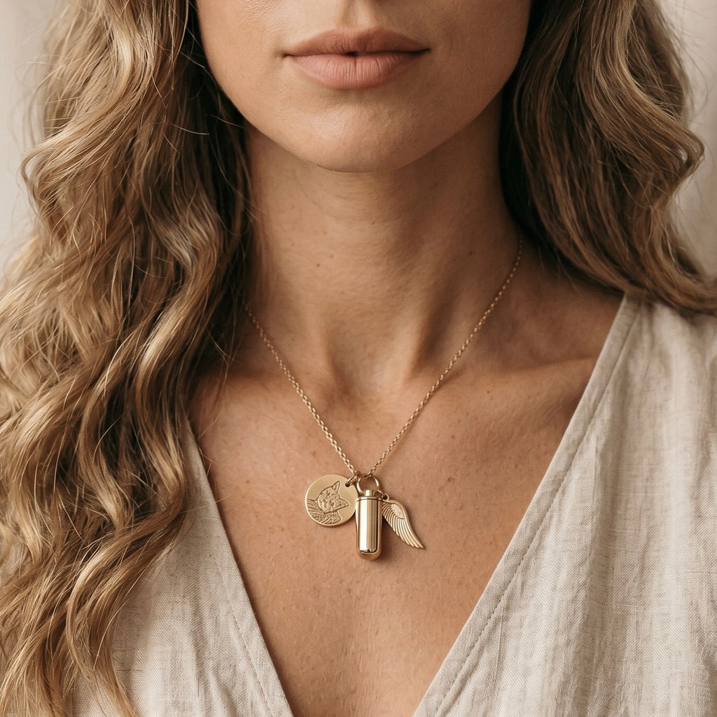 Close-up of a woman wearing a gold necklace with a pendant.