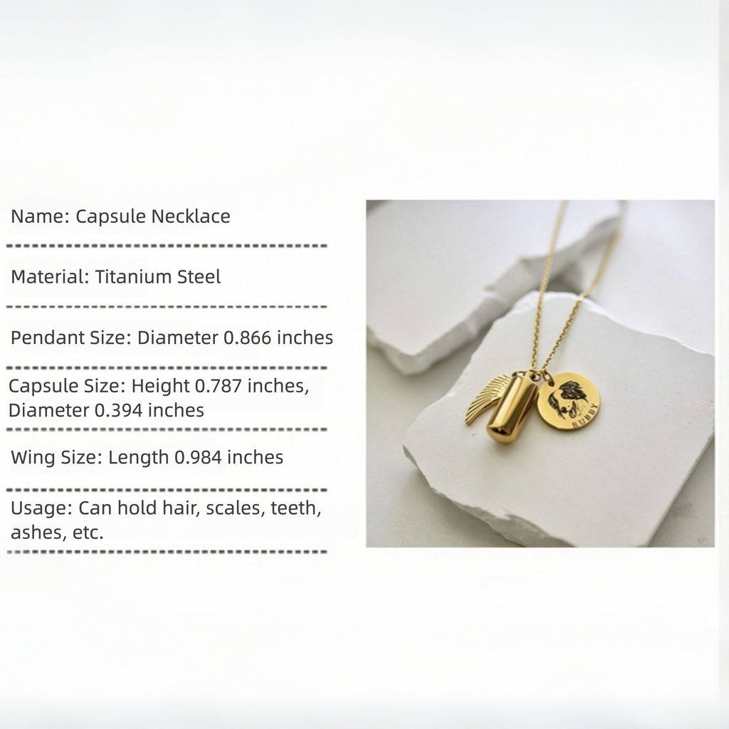 Gold capsule necklace on a white surface with product details.