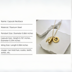 Gold capsule necklace on a white surface with product details.