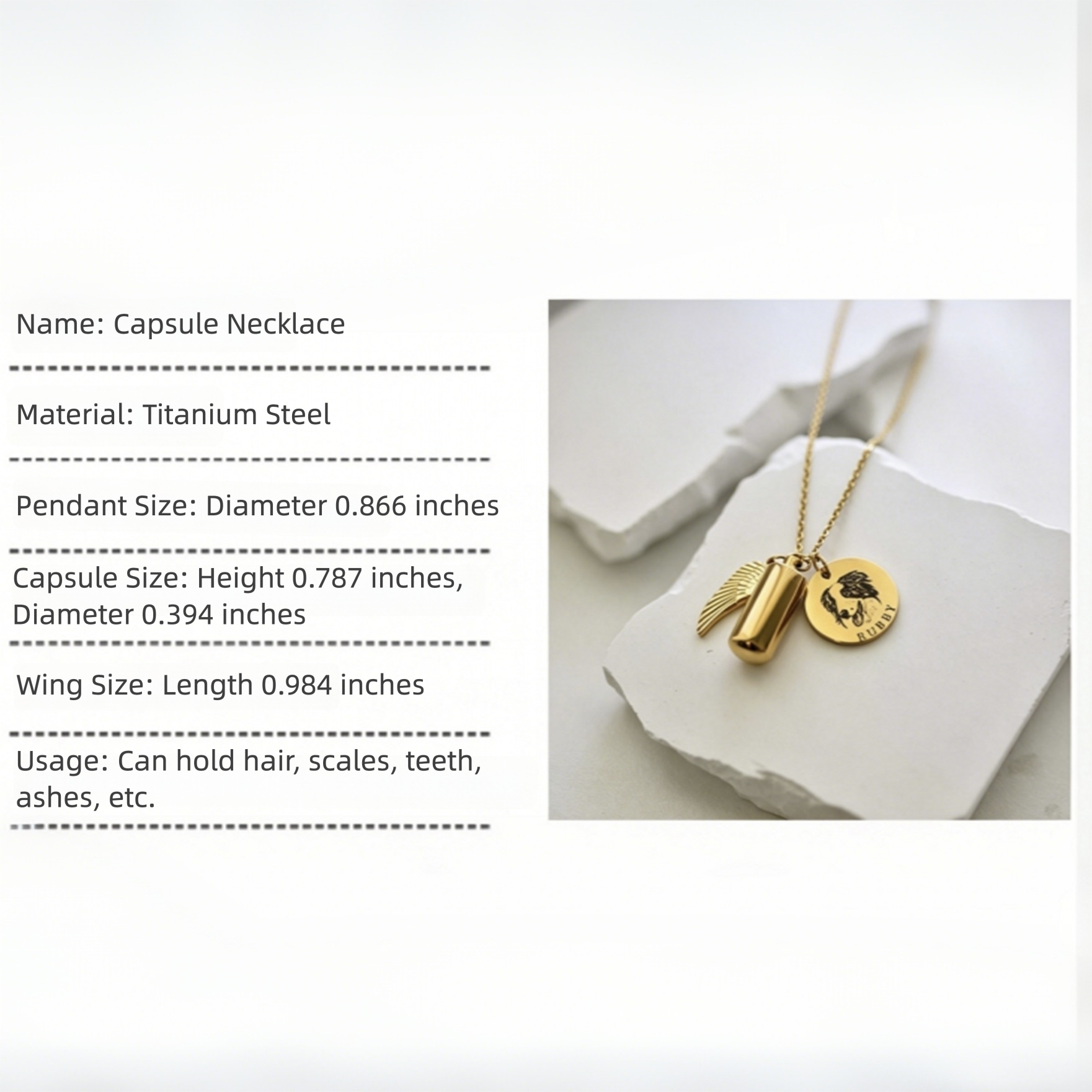 Gold capsule necklace on a white surface with product details.