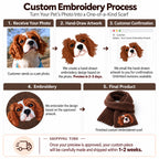 Infographic showing the 5-step process for custom photo embroidered scarves: 1. Photo upload, 2. Hand-drawn artwork design, 3. Customer email approval, 4. Precision embroidery, and 5. Final finished product shipped in 1-2 weeks.