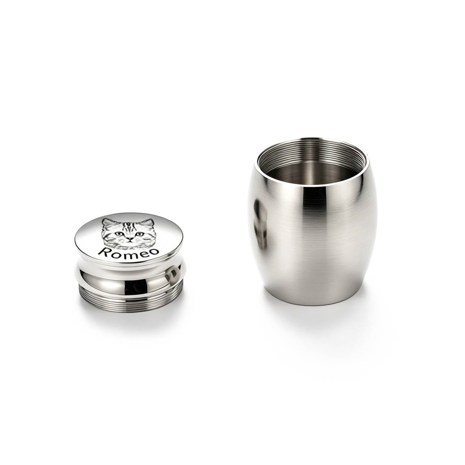 Metallic pet water bottle with 'Romeo' engraved on a white background