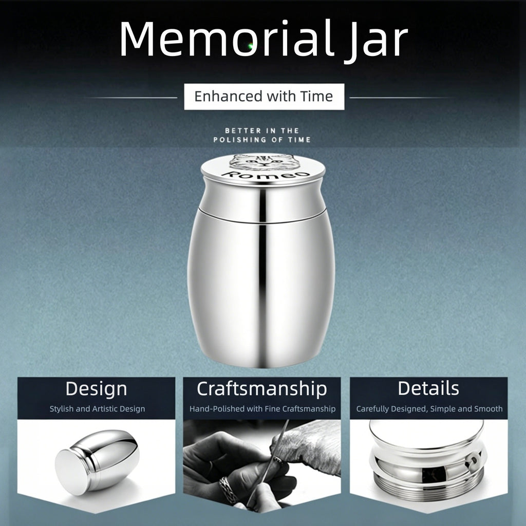 Silver memorial jar with text on a dark background