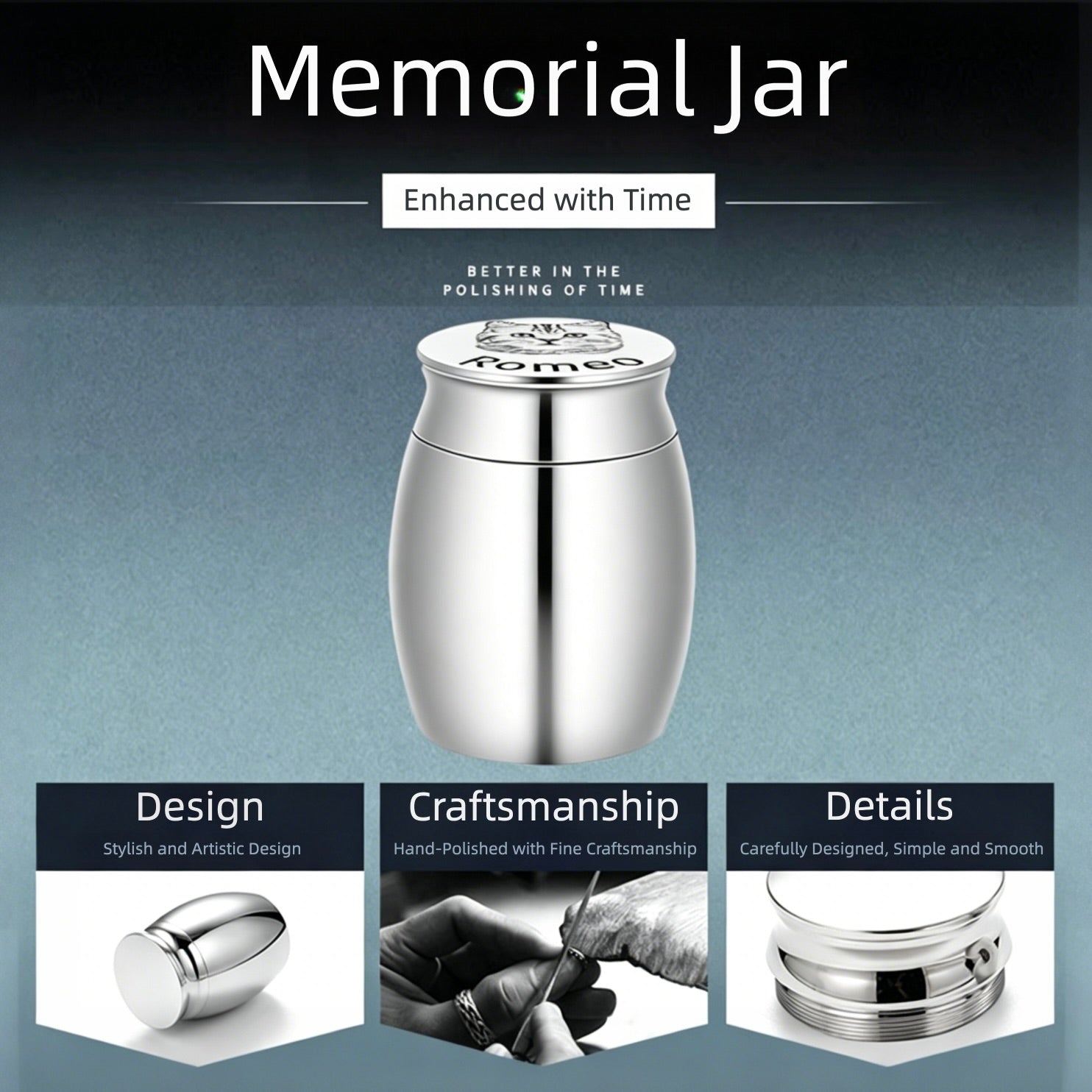Silver memorial jar with text on a dark background