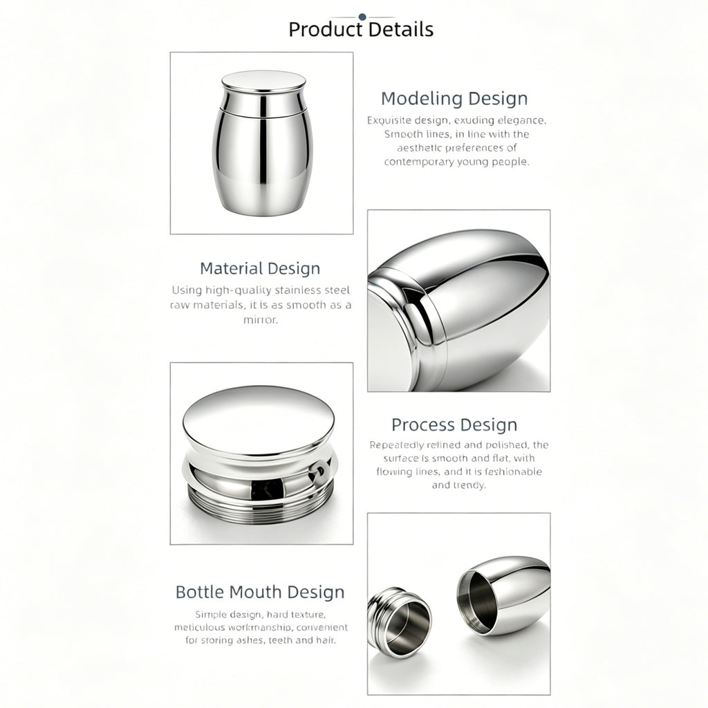 Product details of a silver bottle with design features on a white background