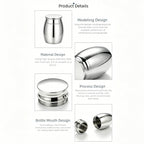 Product details of a silver bottle with design features on a white background