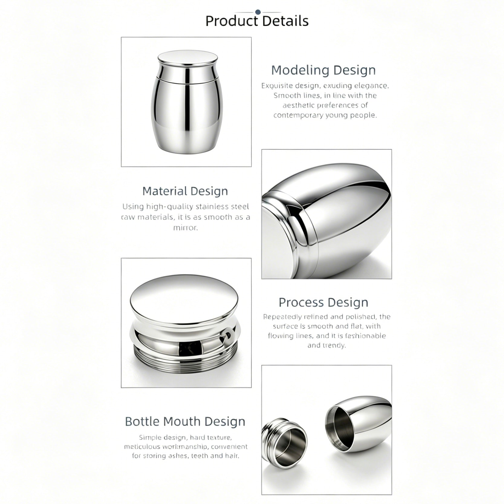 Product details of a silver bottle with design features on a white background