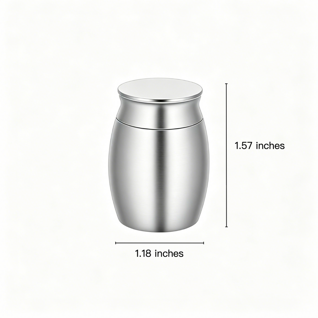 Stainless steel urn with dimensions labeled on a white background