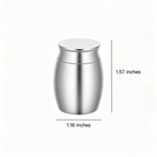 Stainless steel urn with dimensions labeled on a white background