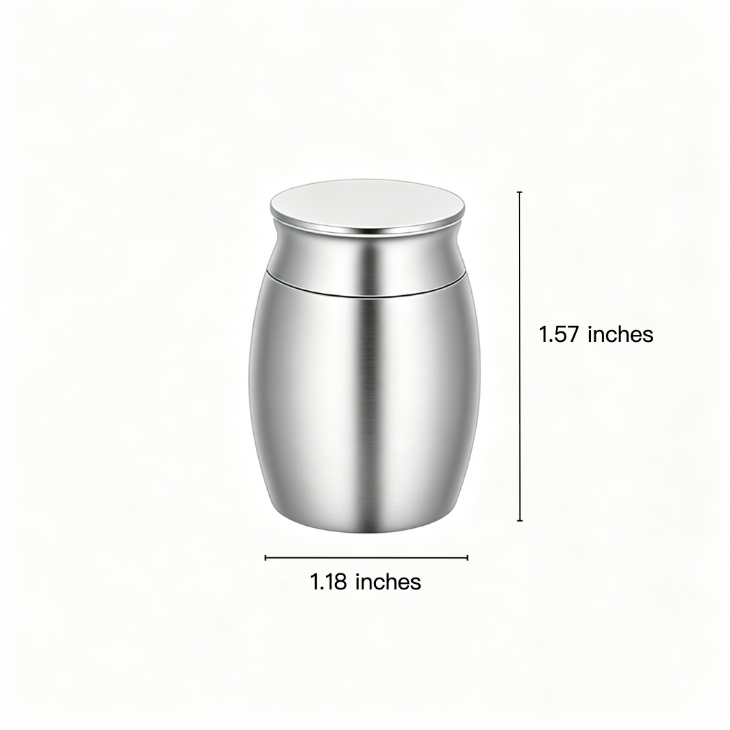 Stainless steel urn with dimensions labeled on a white background