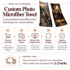 Step-by-step customization guide and shipping timeframe infographic for custom photo microfiber towels.