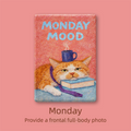 Notebook cover with a cat wearing a coffee cup hat and text 'Monday Mood' on a pink background.