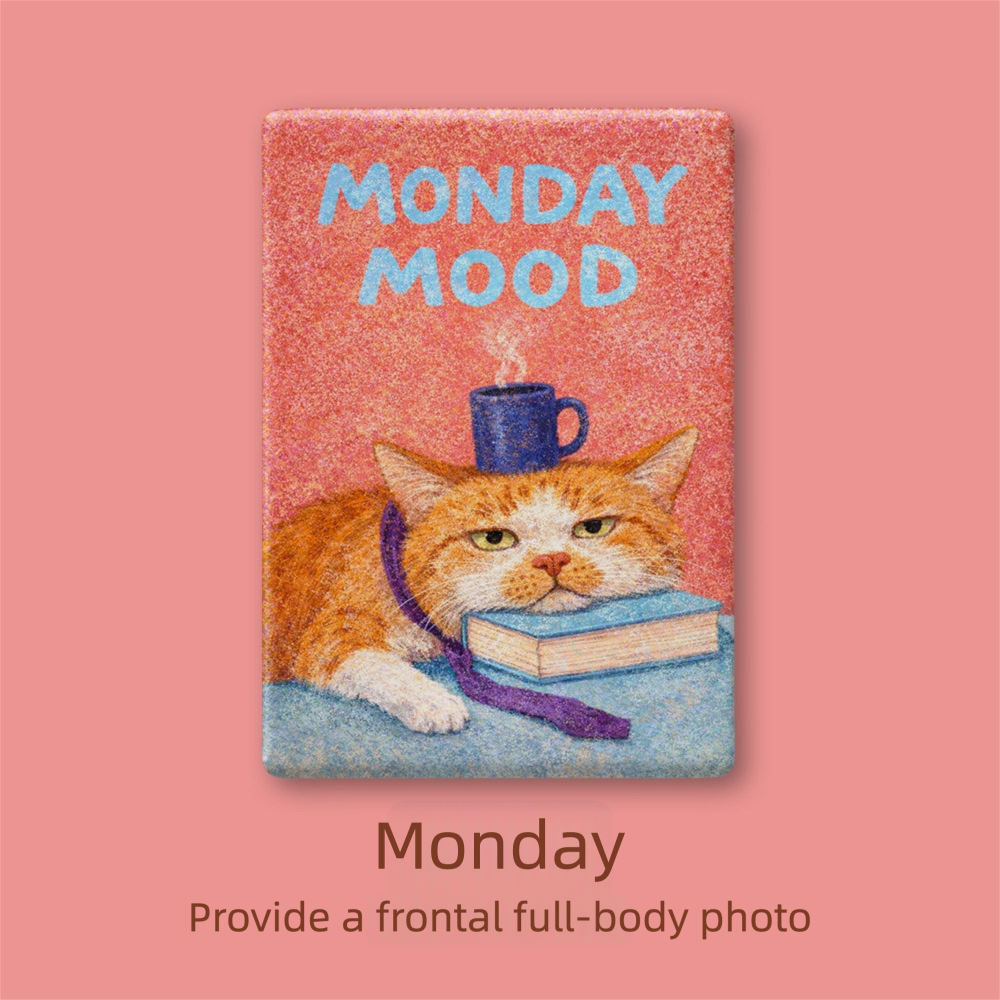 Notebook cover with a cat wearing a coffee cup hat and text 'Monday Mood' on a pink background.
