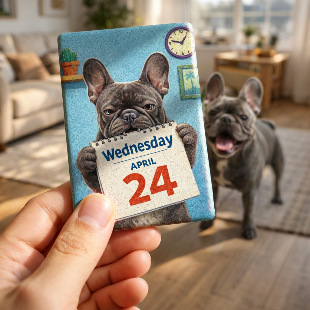 Notebook with a dog holding a calendar showing 'Wednesday, April 24' held by a hand in a room with a dog in the background.