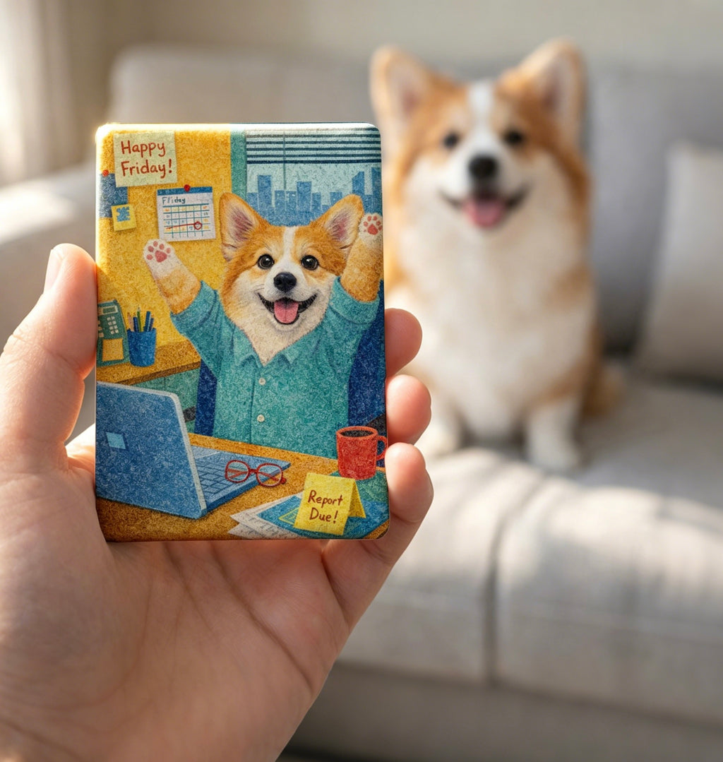 Hand holding a card with a corgi illustration in a home setting