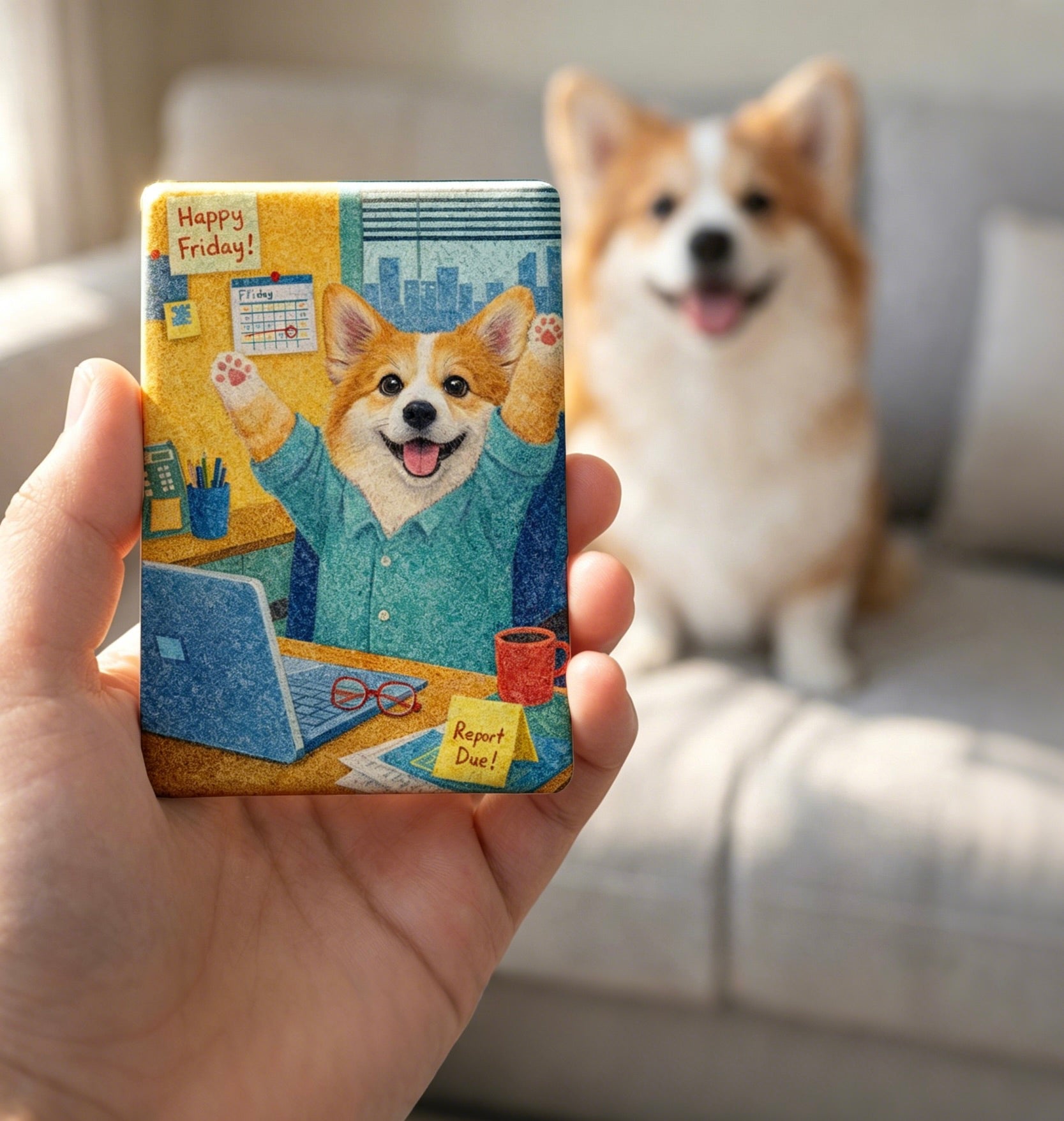 Hand holding a card with a corgi illustration in a home setting
