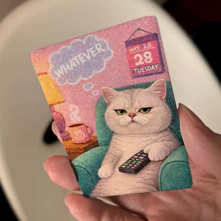 Card with a cat holding a remote control, text 'Whatever' and 'May 28 Tuesday'.