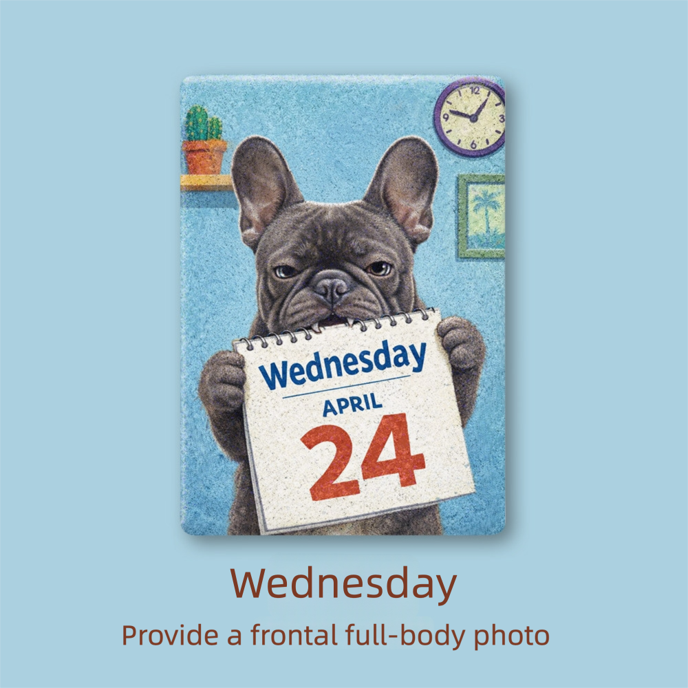Calendar with a dog holding it, set against a blue background