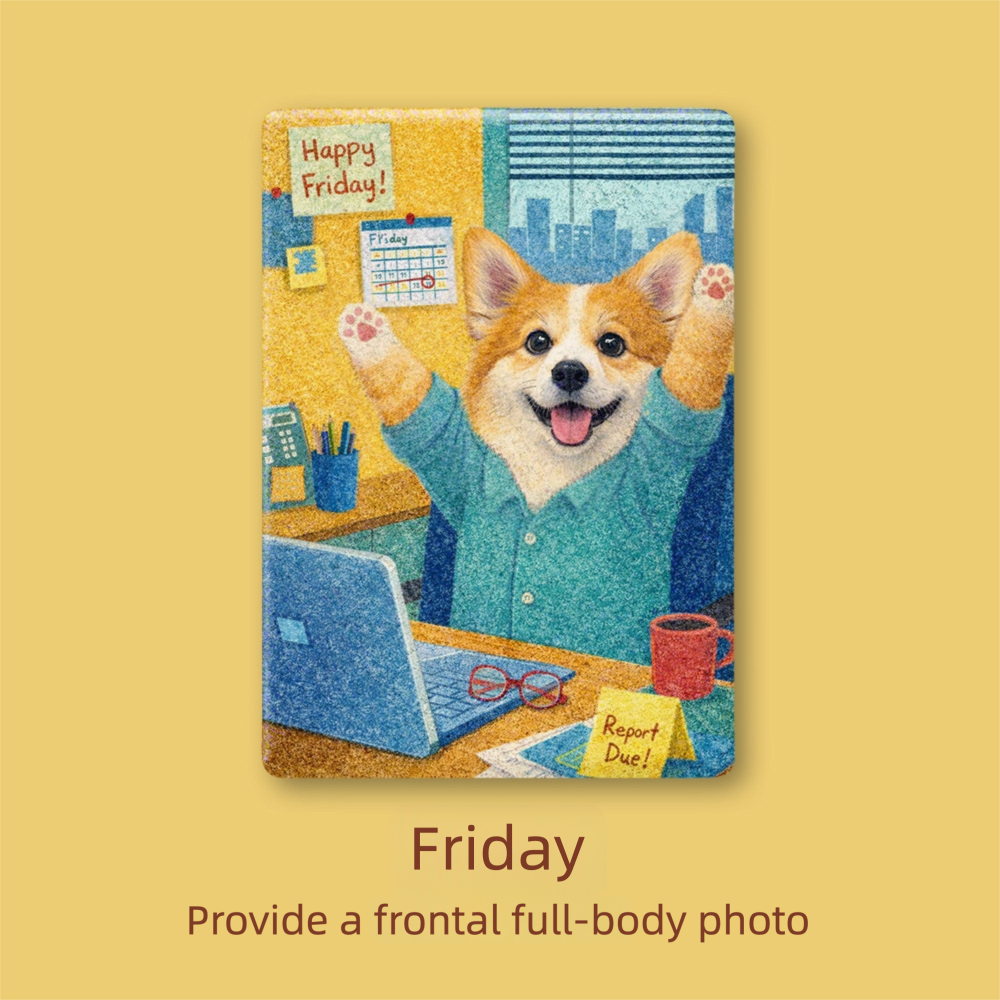 Notebook cover with a dog at a desk and 'Happy Friday!' text on a yellow background
