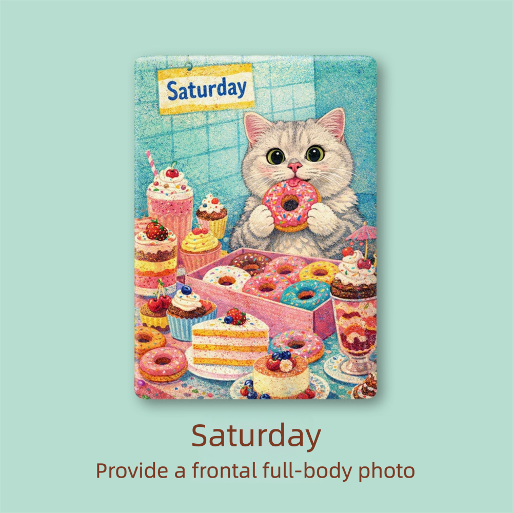 Calendar with a cat holding a donut surrounded by pastries on a light blue background