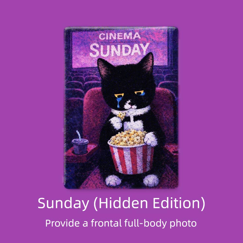 Fridge magnet with a black cat eating popcorn and the text 'Cinema Sunday' on a purple background.