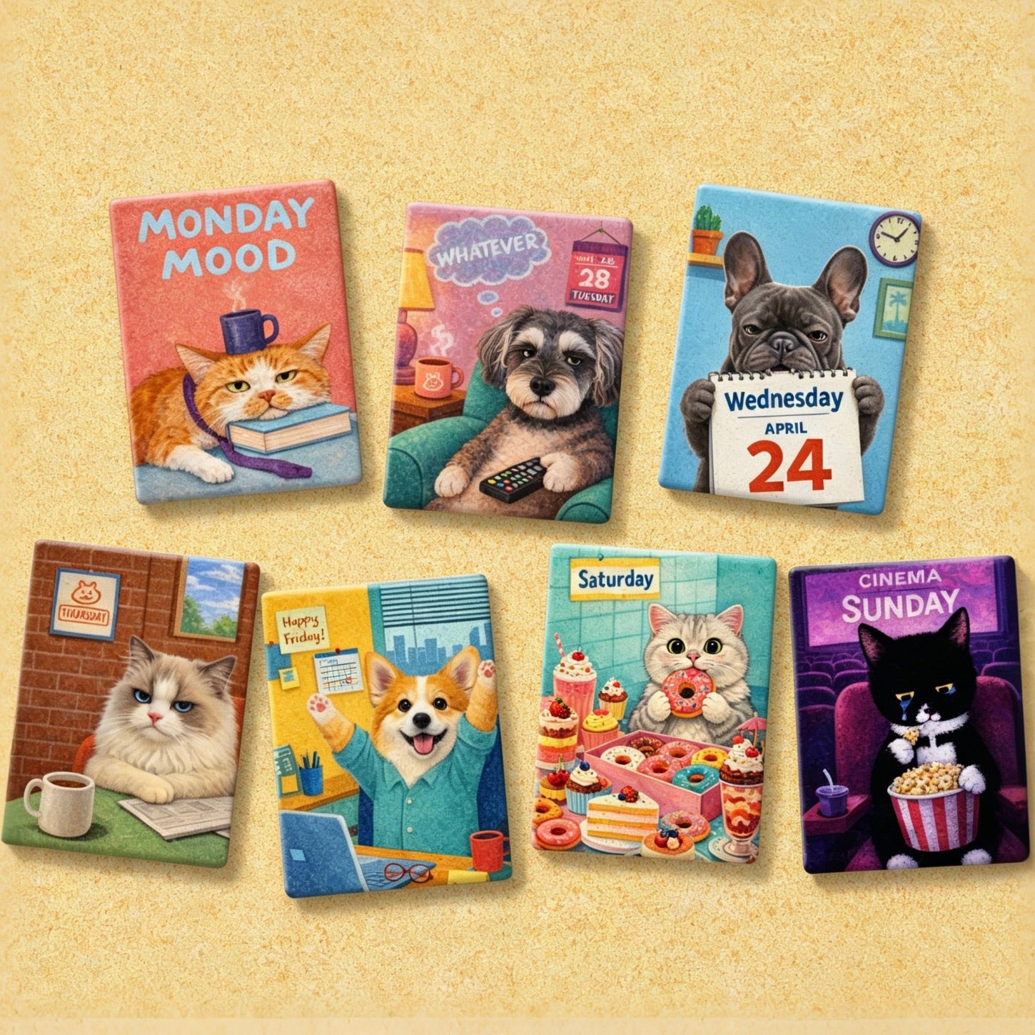 Set of seven colorful daily life-themed pocket calendars on a beige background