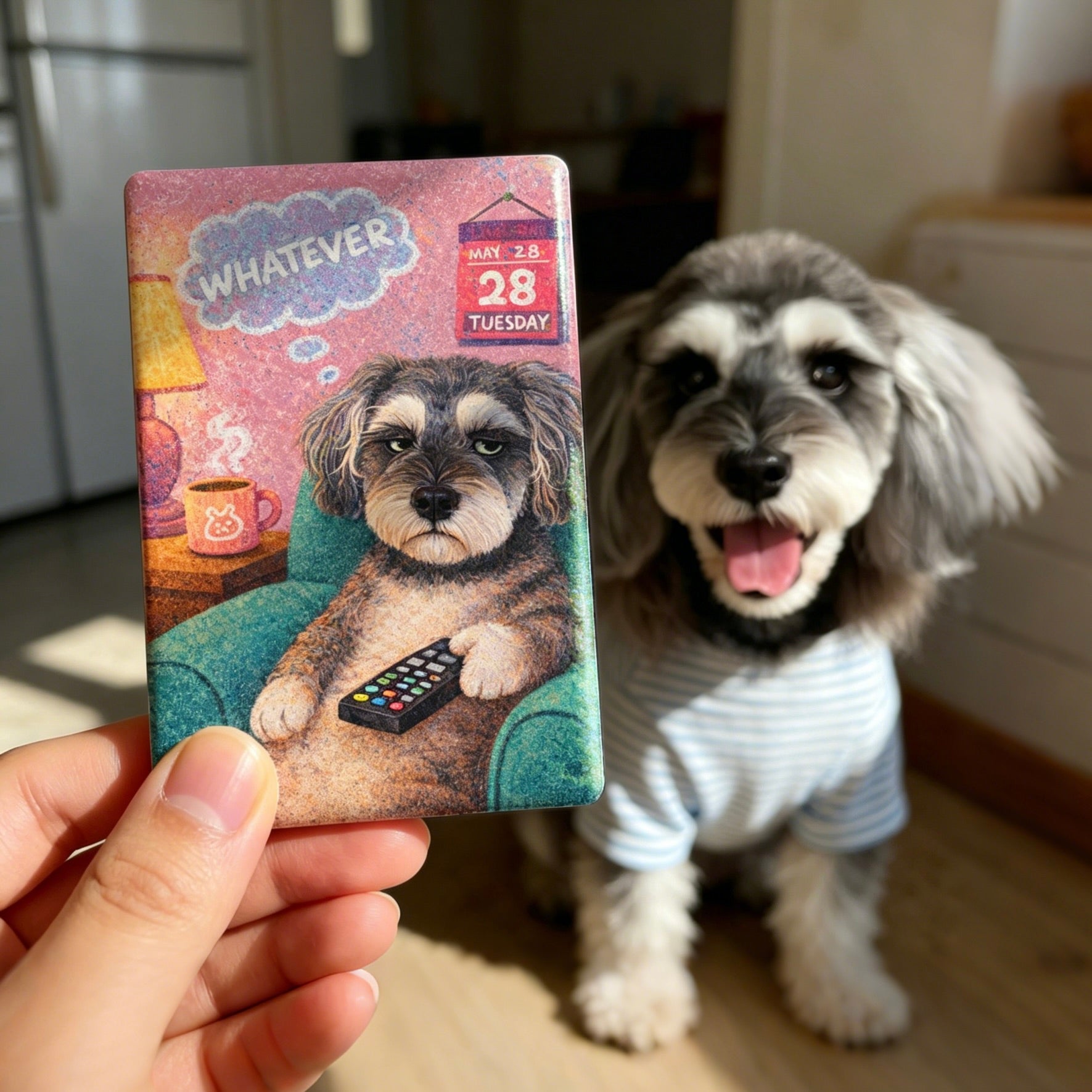 Dog standing next to a calendar with a cartoon dog holding a remote control and the text 'Whatever'.