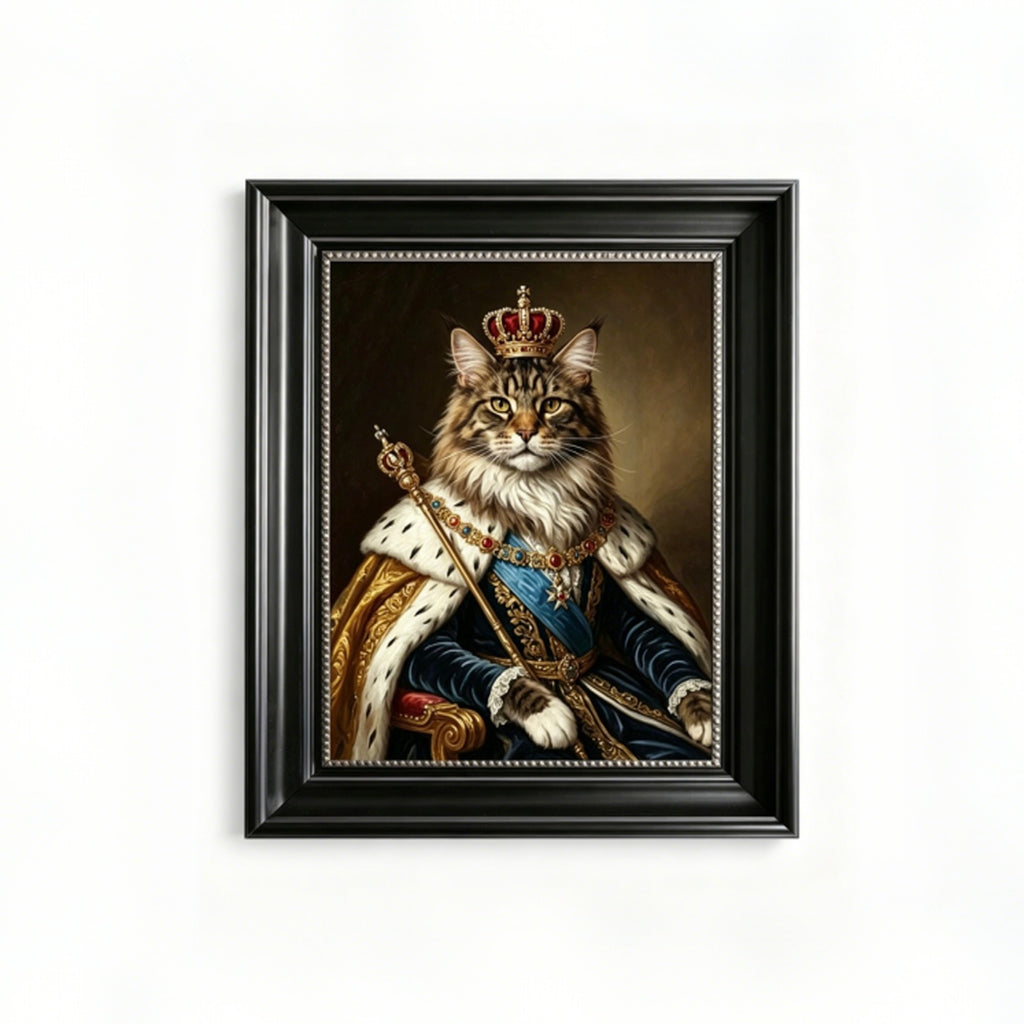 Framed artwork of a cat dressed in royal attire with a crown on a white background