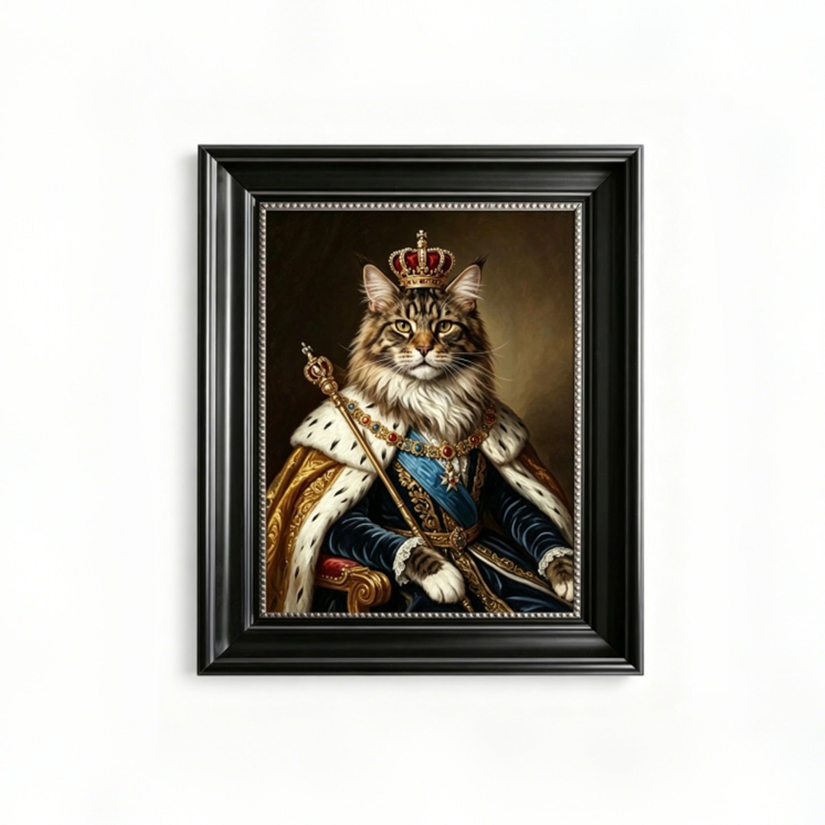 Framed artwork of a cat dressed in royal attire with a crown on a white background