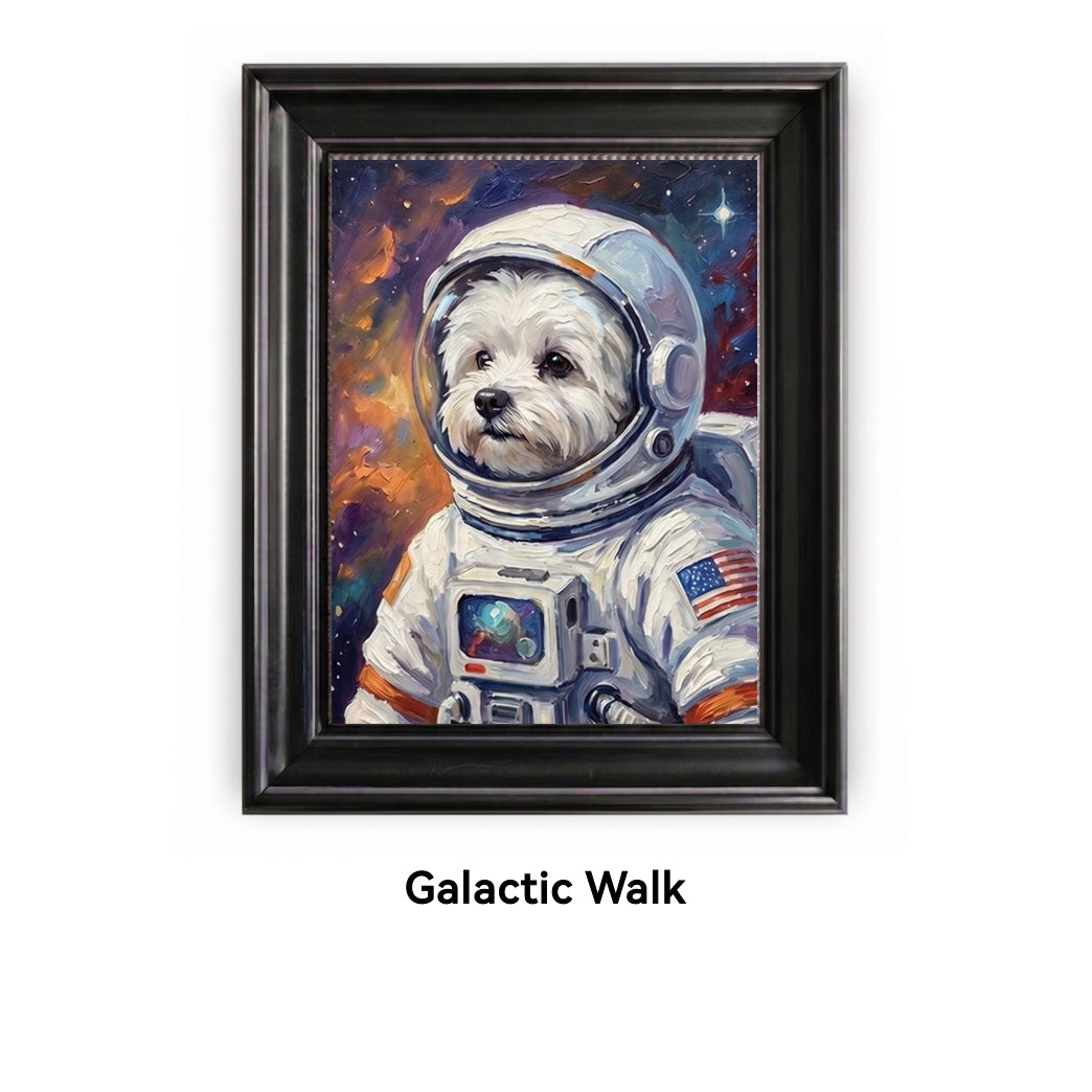 Framed artwork of a dog in an astronaut suit with a space-themed background, labeled 'Galactic Walk'.