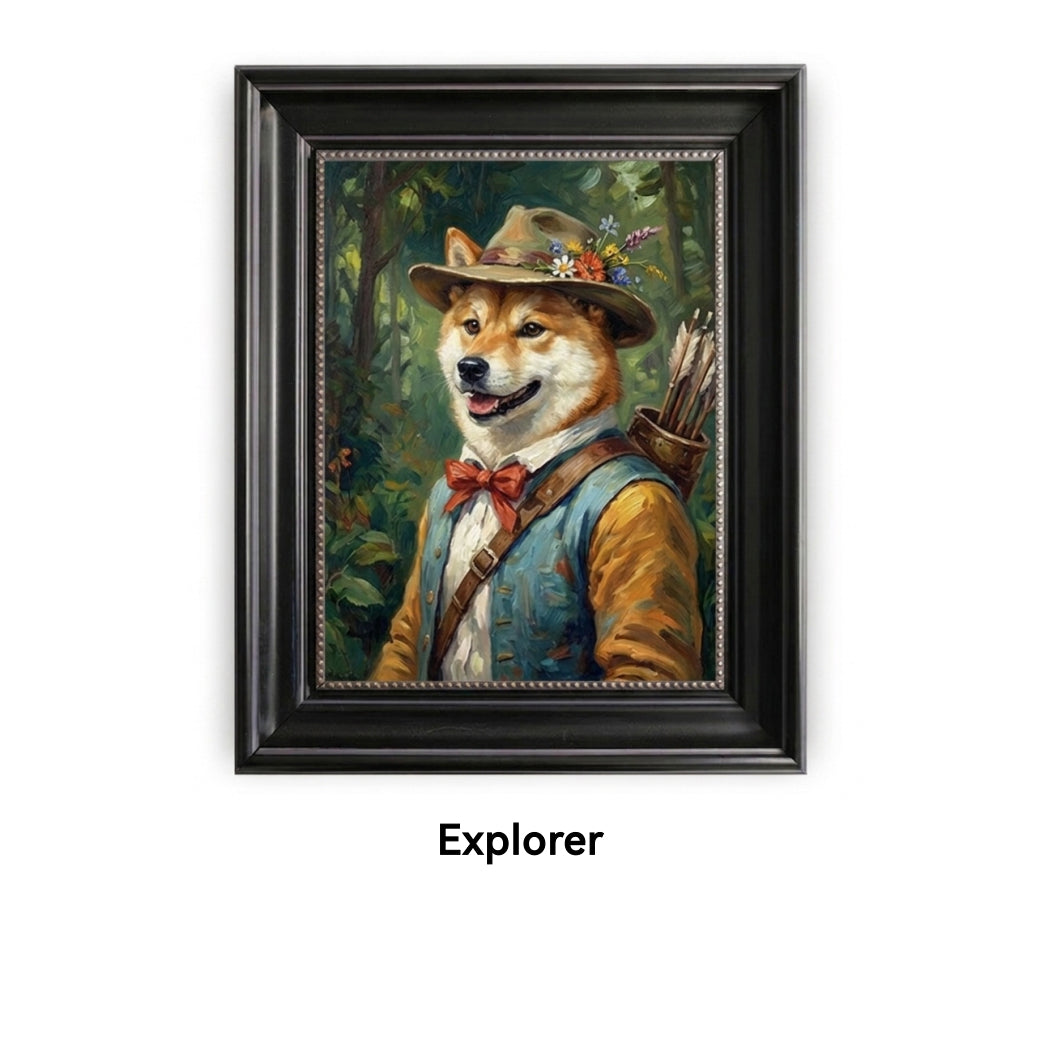 Framed artwork of a dog dressed as an explorer with a hat and bow, labeled 'Explorer'.