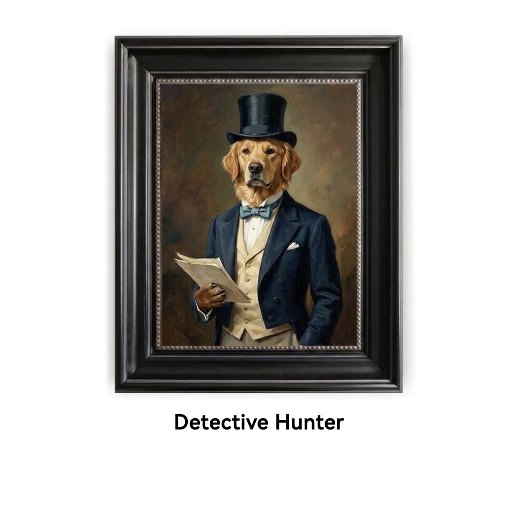 Framed artwork of a dog dressed as a detective with a top hat and suit.