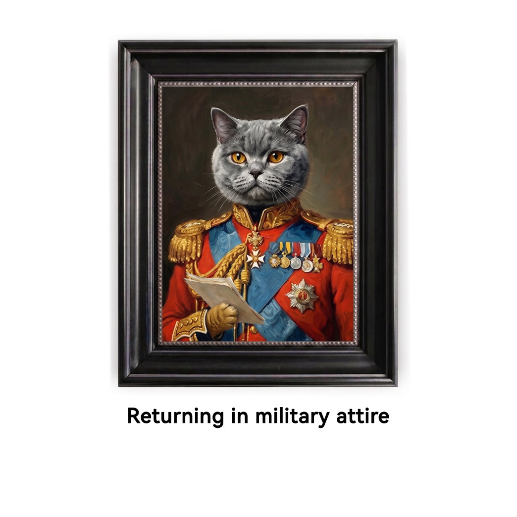 Framed painting of a cat in military attire with a black frame.