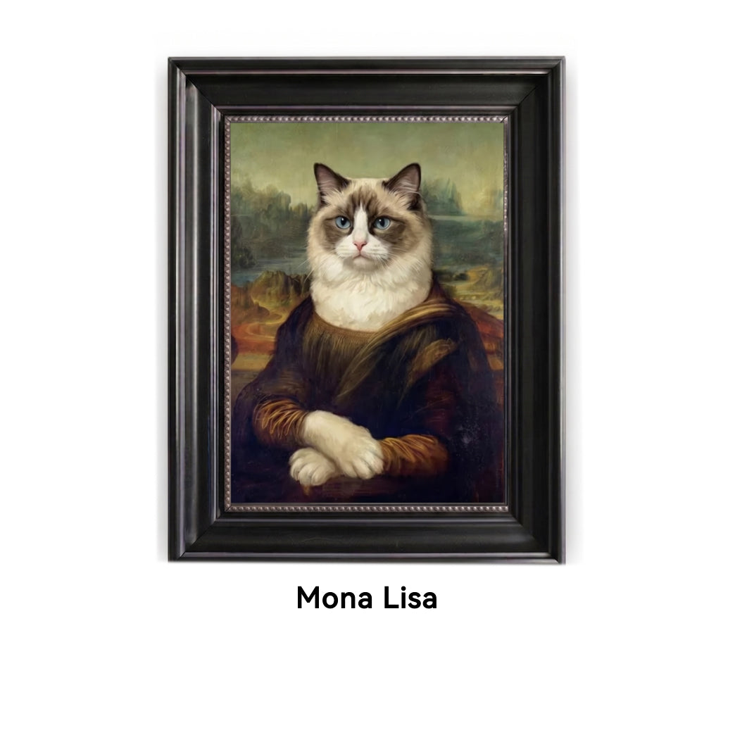 Framed painting of a cat resembling 'Mona Lisa' on a white background