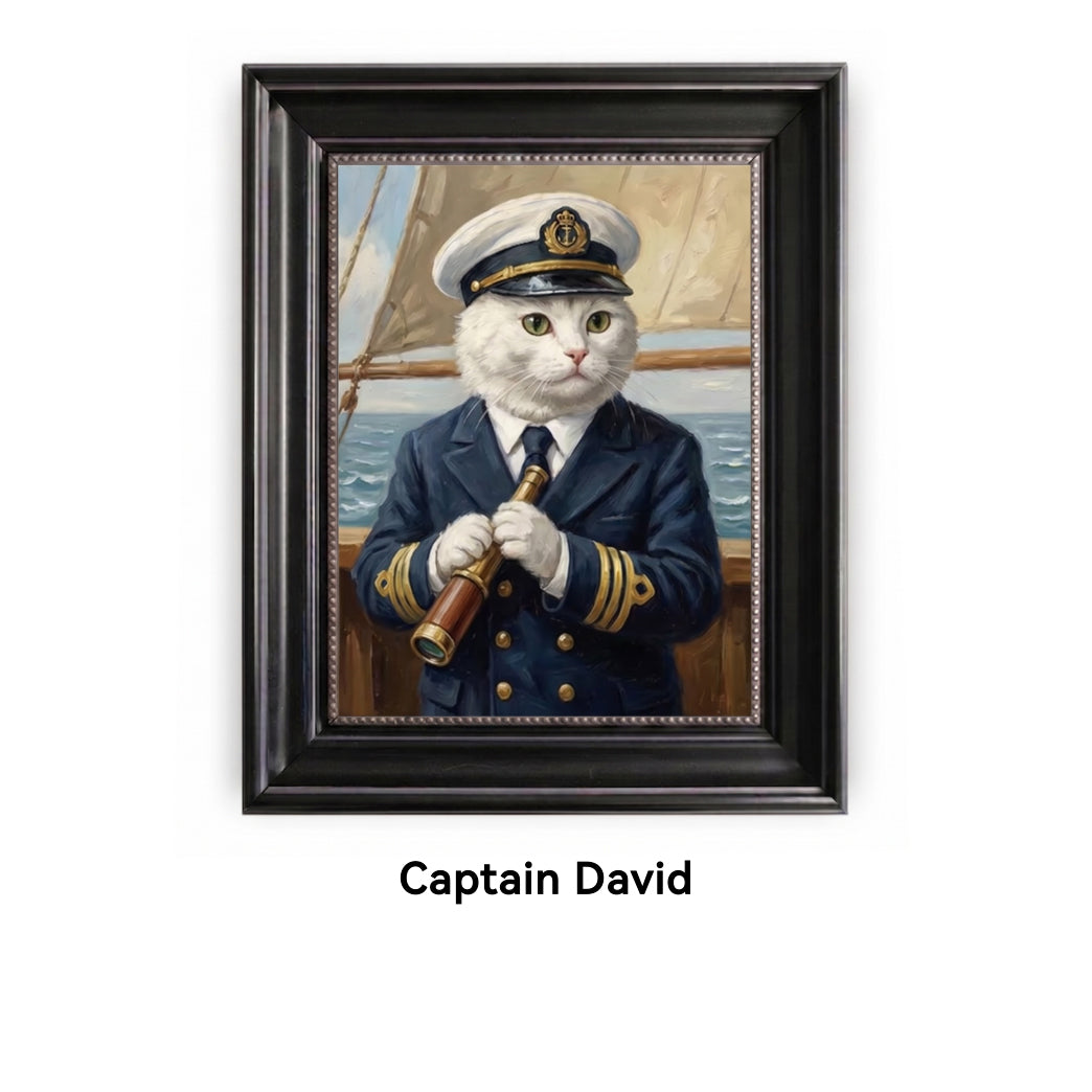 Framed artwork of a cat dressed as a captain on a boat, with 'Captain David' text below.