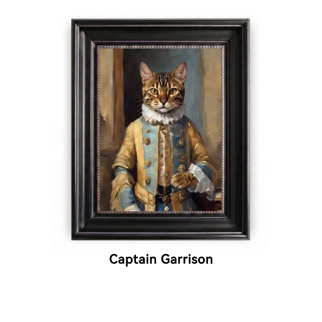 Framed portrait of a cat dressed as a captain with 'Captain Garrison' text below.