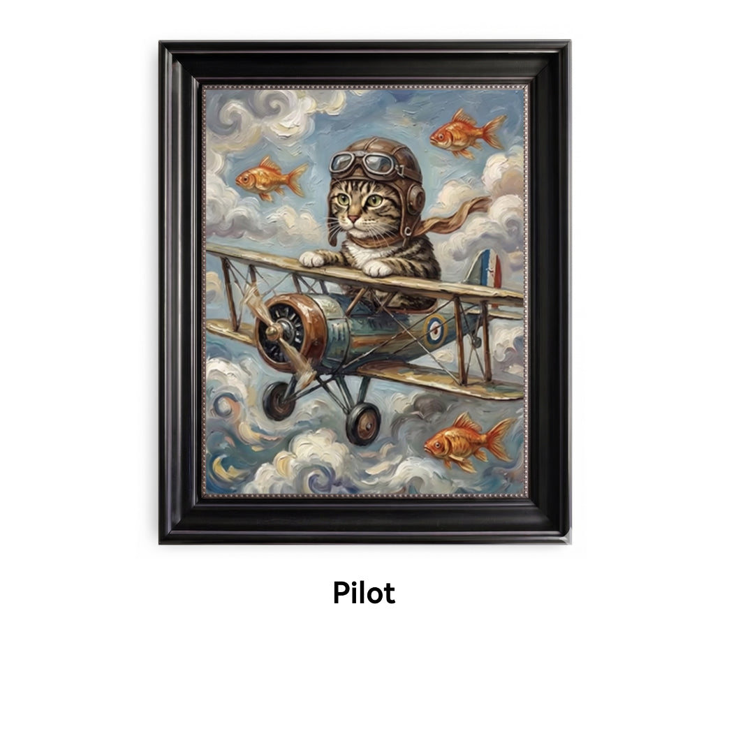 Framed artwork of a cat pilot in an airplane with goldfish, titled 'Pilot'.