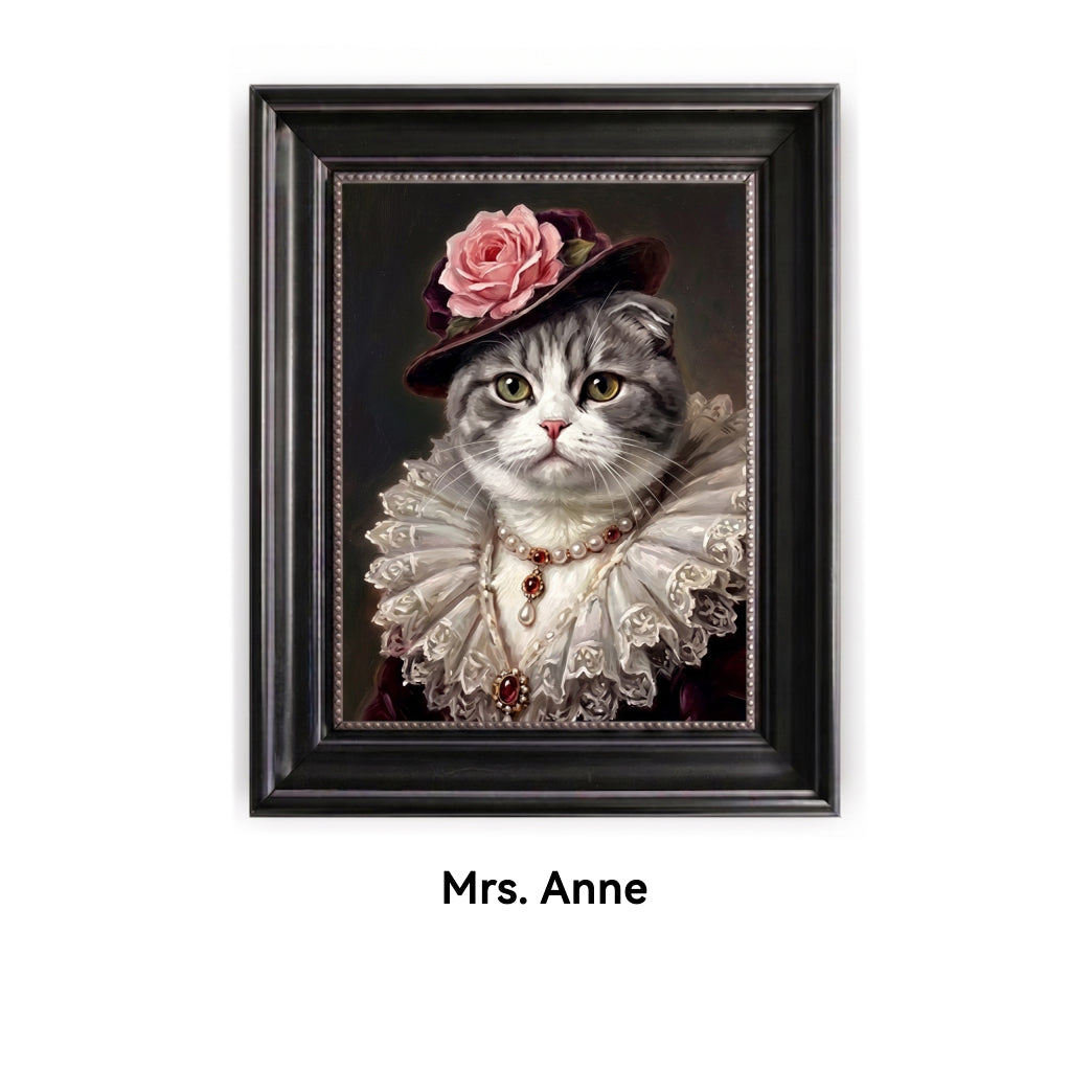 Framed artwork of a cat dressed in historical attire with a rose, labeled 'Mrs. Anne'.