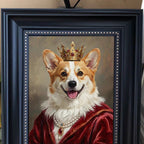 Framed painting of a dog wearing a crown and red robe.
