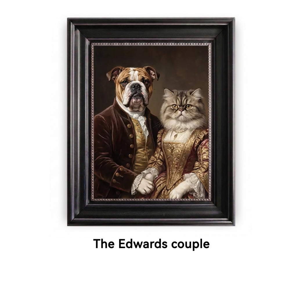 Framed artwork of a dog and cat dressed in formal attire with 'The Edwards couple' text below.