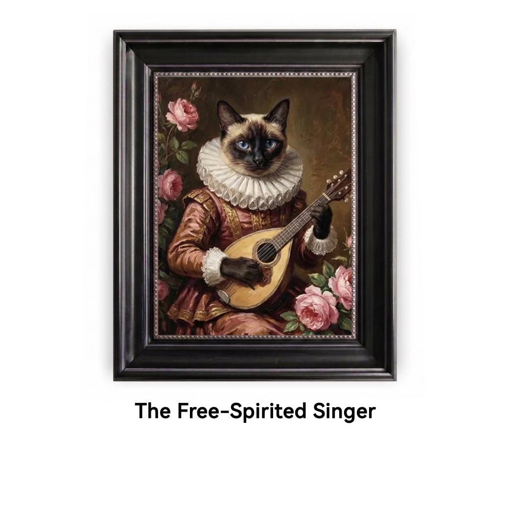 Framed artwork of a cat in historical attire playing a mandolin with floral elements.