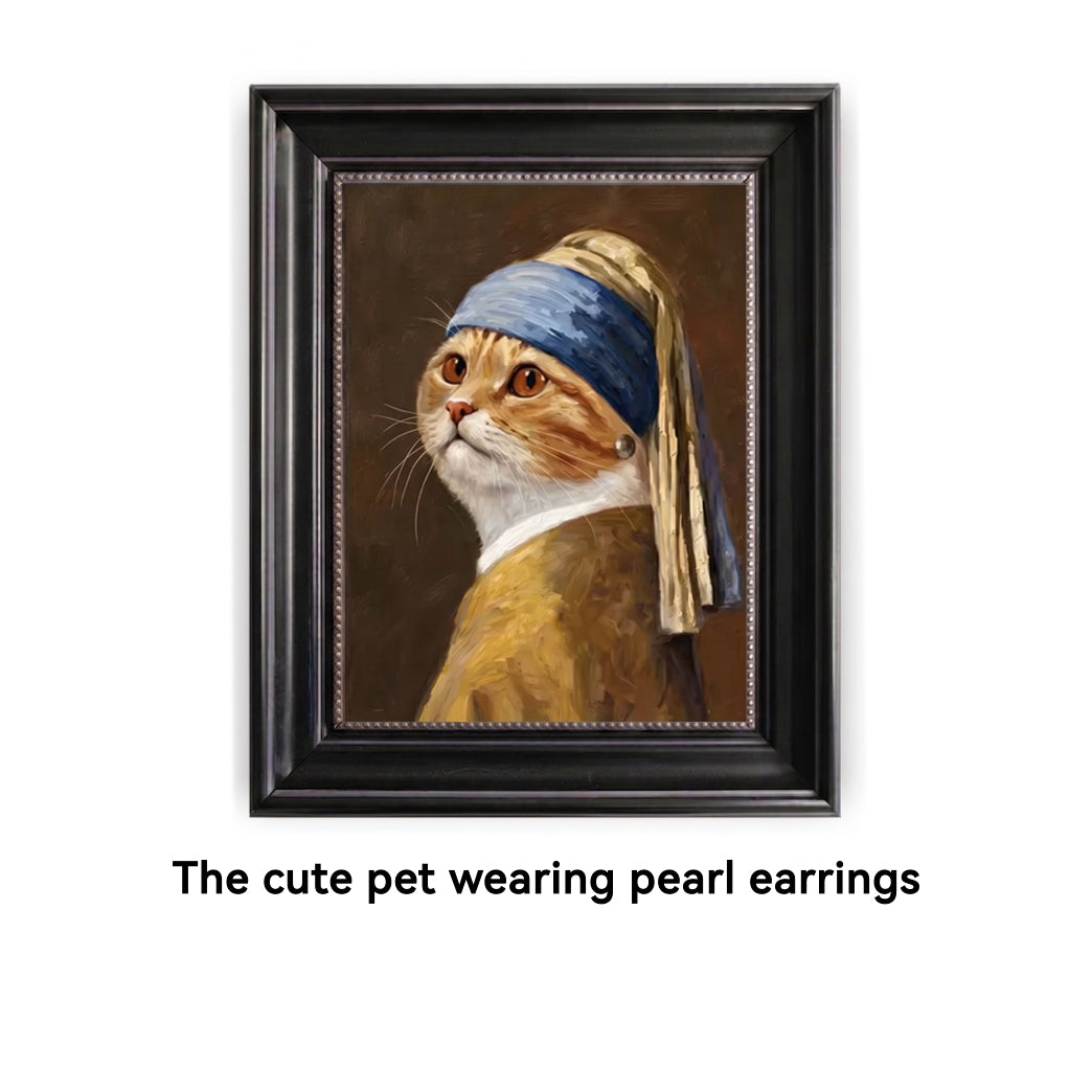 Framed artwork of a cat wearing a blue headband and pearl earring, inspired by famous painting style.