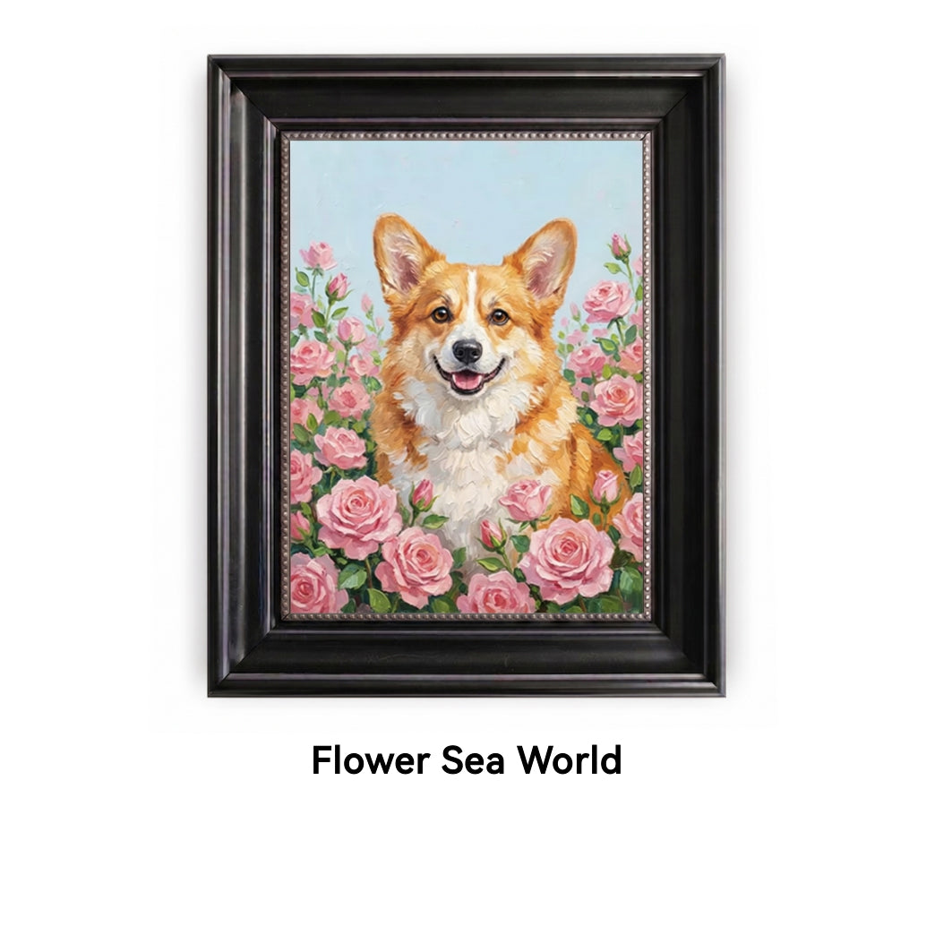 Framed artwork of a corgi surrounded by pink flowers with 'Flower Sea World' branding.