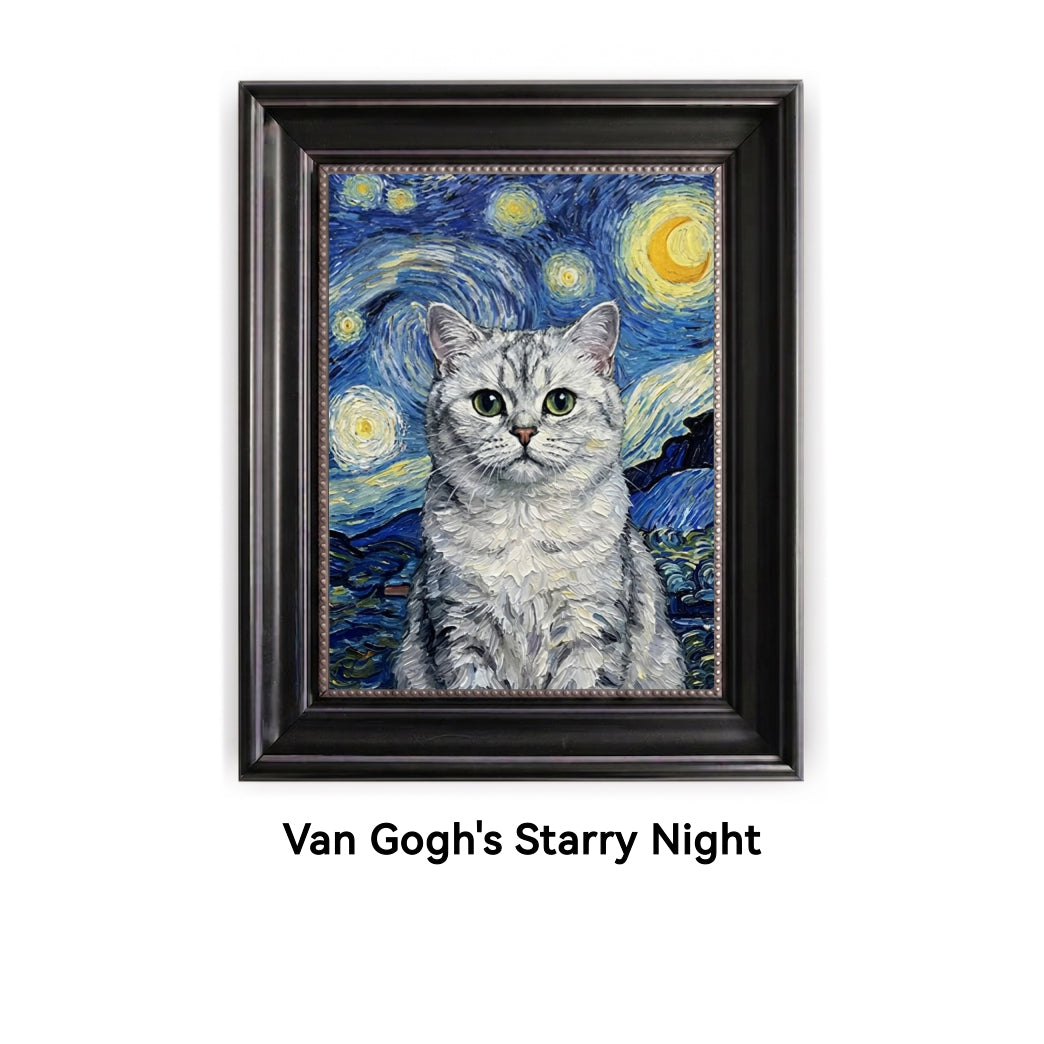 Framed artwork of a cat resembling Van Gogh's 'Starry Night'