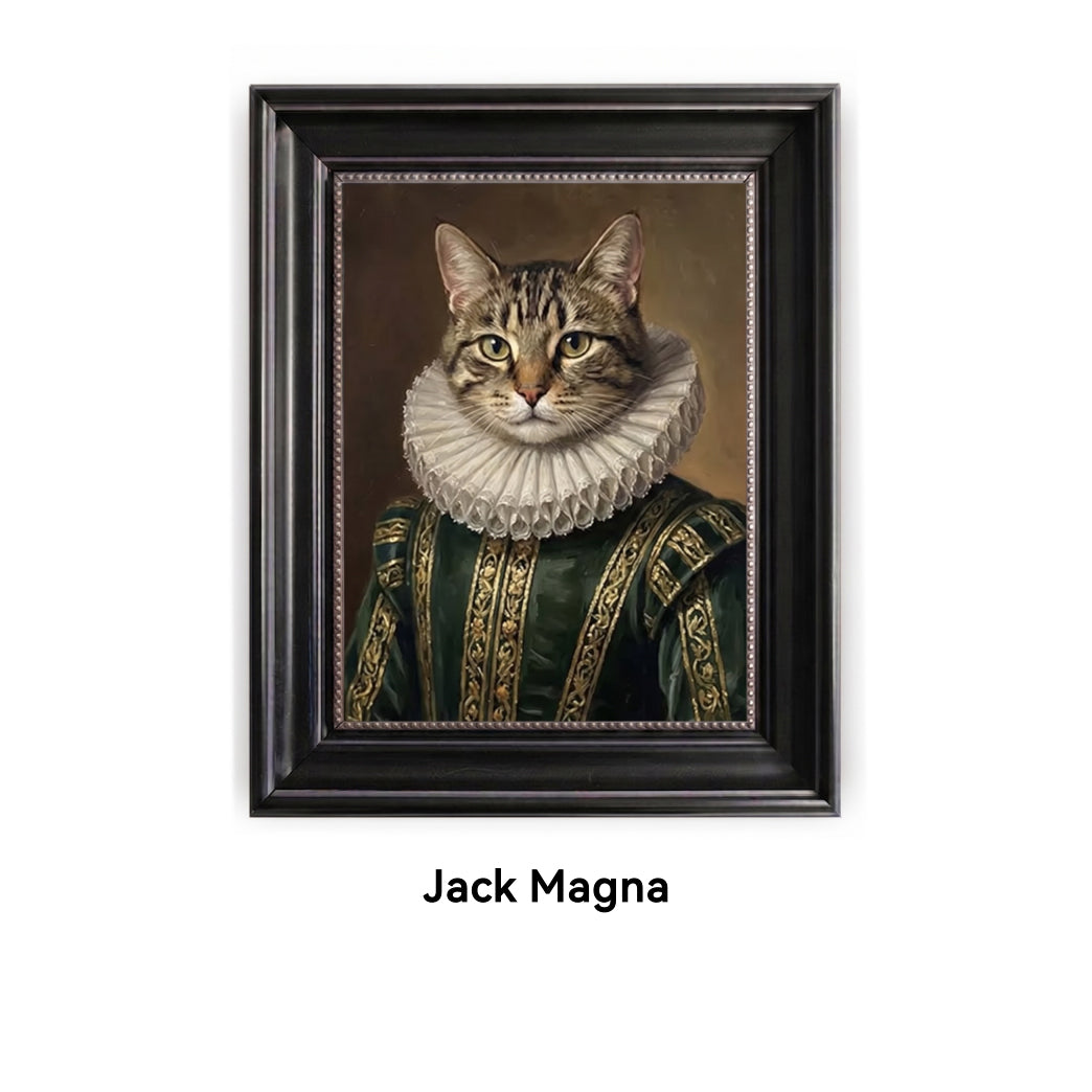 Framed portrait of a cat dressed in historical clothing with 'Jack Magna' branding.